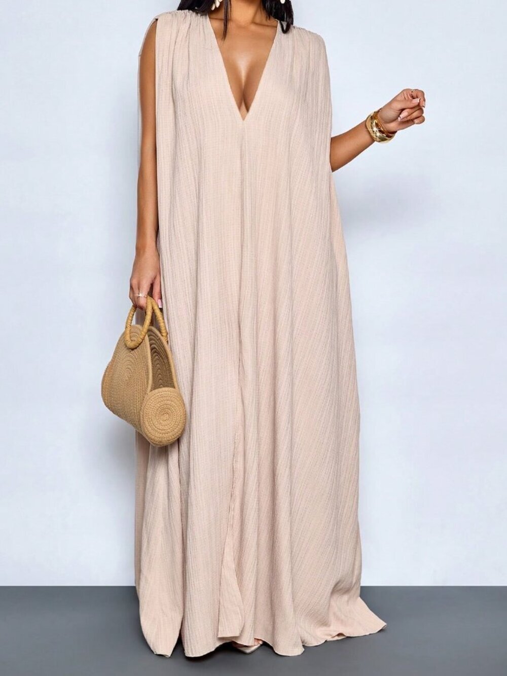 Khaki Boho Casual Women's Tropical Deep V Neck Backless Maxi Dress - Picture 4 of 8